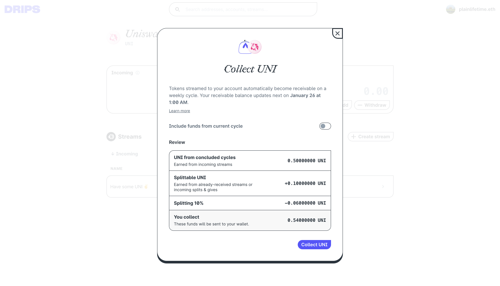 Clicking "Collect" on the token page