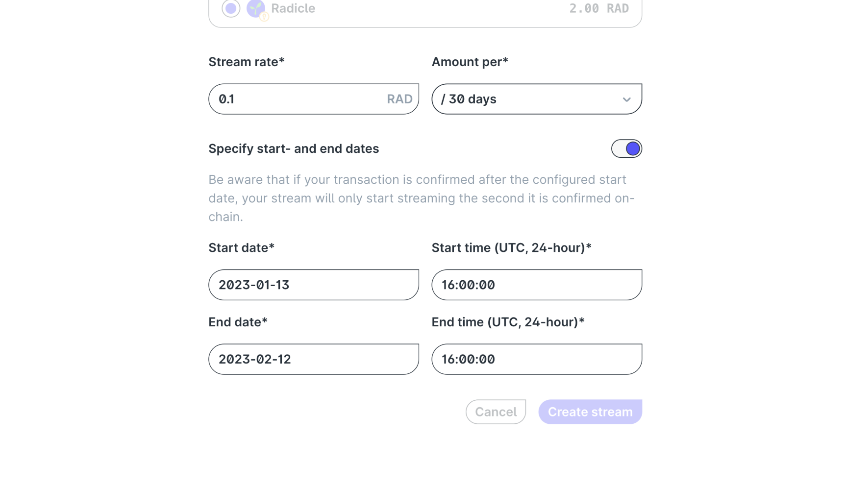 Specifying start- and end dates on the "Create Stream"-Modal