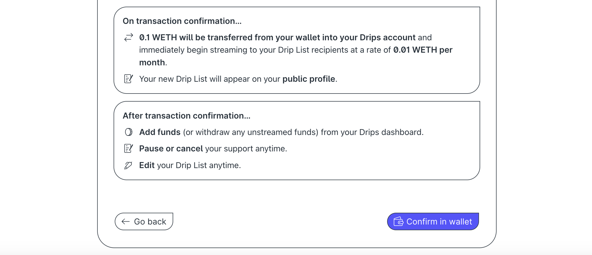 Confirm the details of yur Drip List