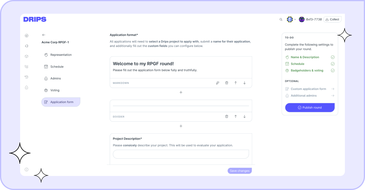 Build a custom application form using various field types like Text, URL, and Markdown.