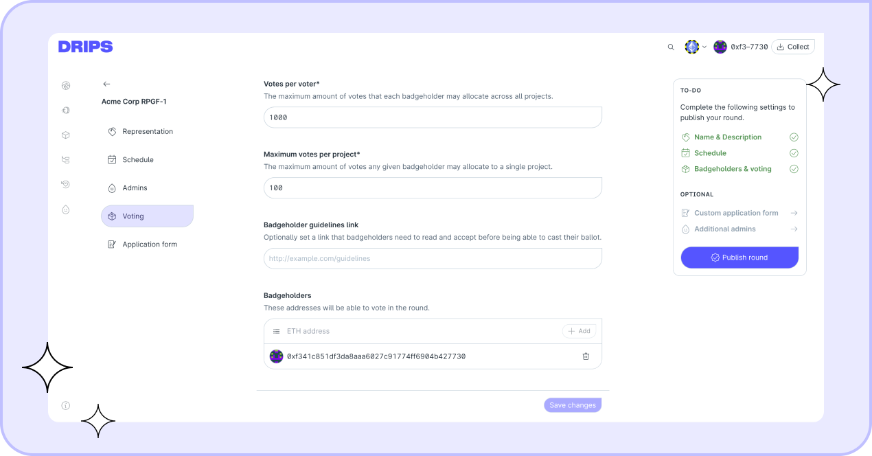 Add badgeholder addresses and set the rules for voting.