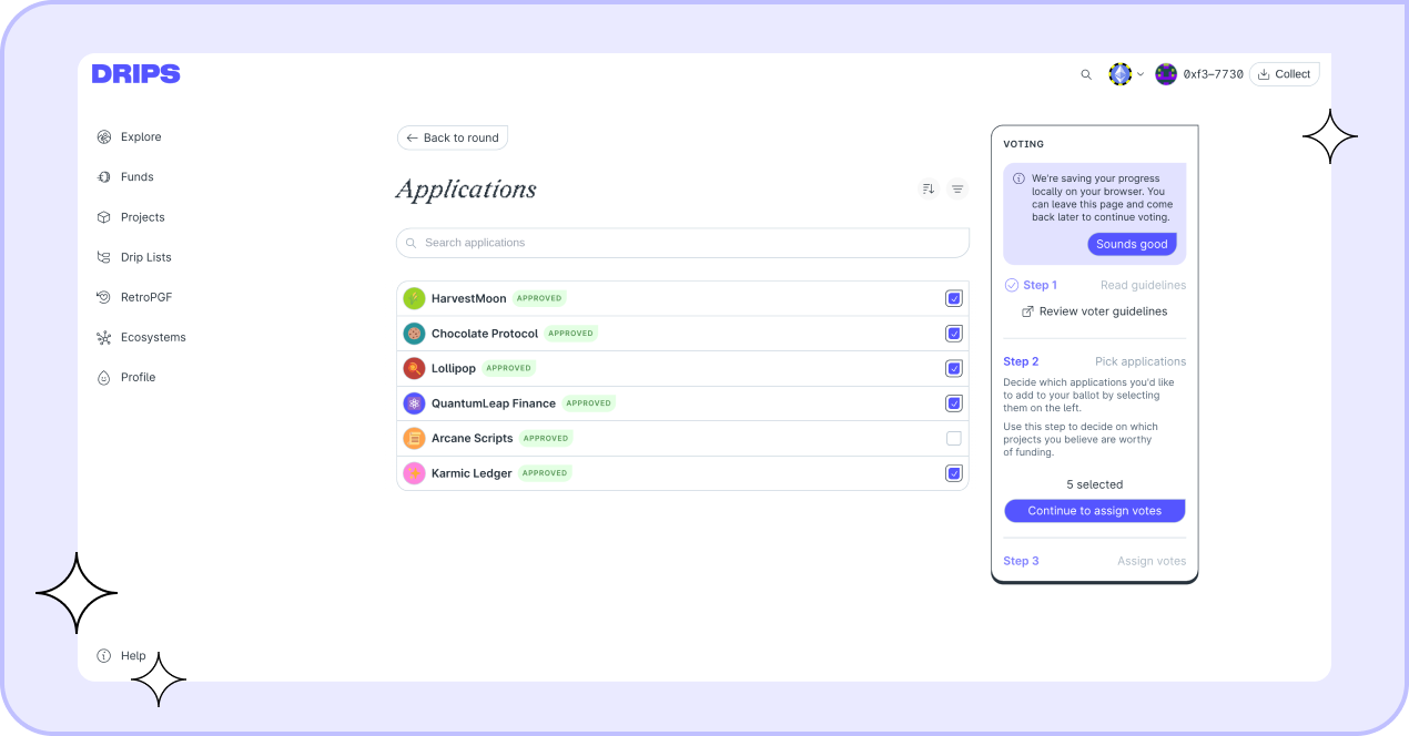 Browse all accepted applications and add the ones you want to support to your personal ballot.