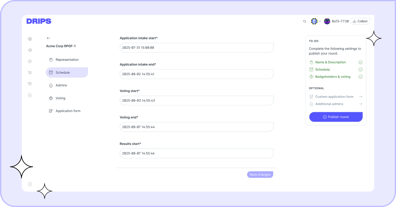 Set the start and end dates for the application, voting, and results phases.